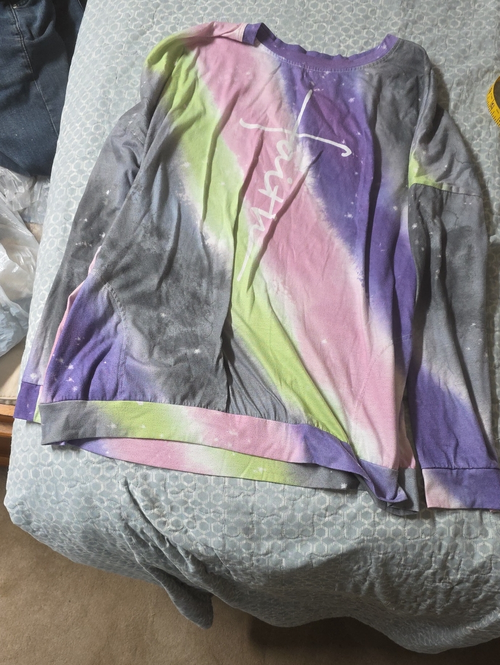 Colorblock Tie-Dye Long Sleeve Top with Script Graphic